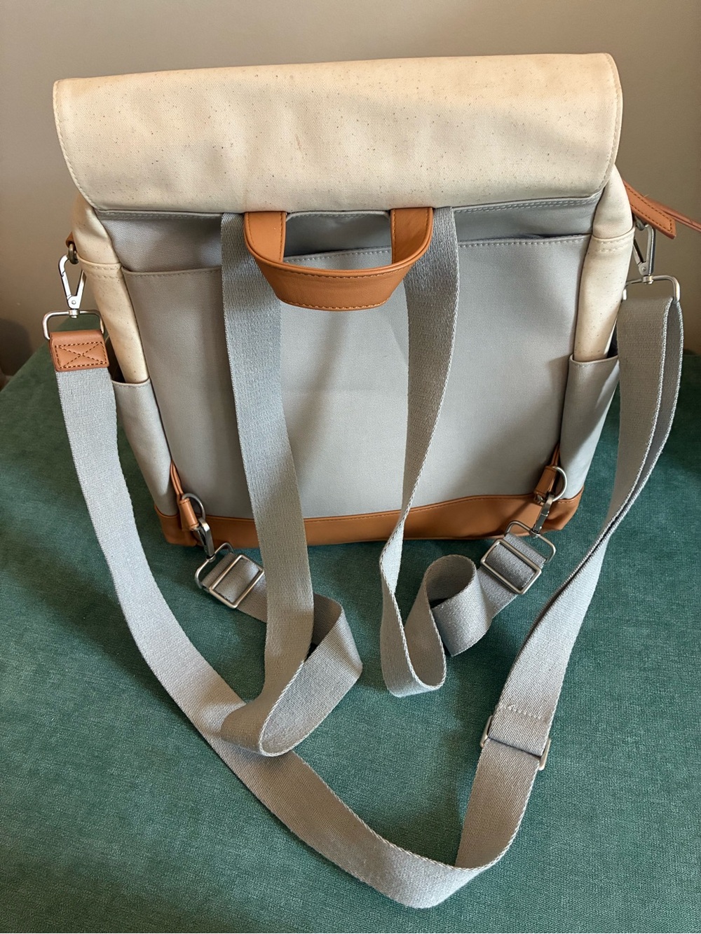 Diaper bag backpack, vegan leather and canvas